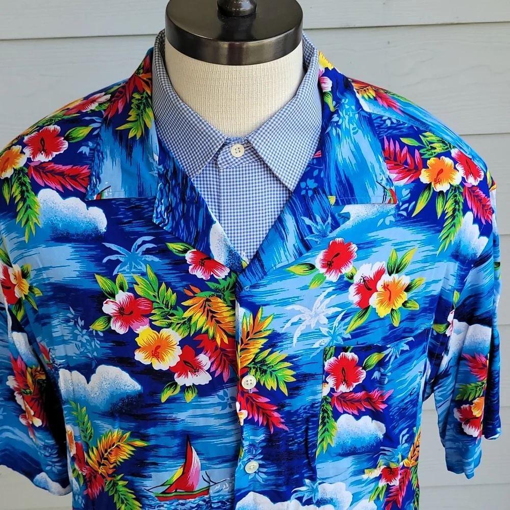 POLO RALPH LAUREN‎ Caldwell Vintage Blue Pink Floral Beach XL SS Hawaiian Shirt